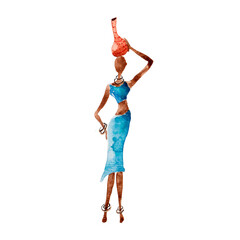 
African woman. Tall, slender. Hand drawn with watercolors. Blue dress. Bracelets. Tribe in Africa. A jug on a woman's head. Ethnicity African. Used for tableware design, posters, ethnic festivals.