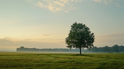 Solitary tree in a misty sunrise field, evoking a sense of tranquility and serenity