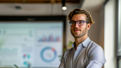 Obraz premium Confident Businessman with Glasses in Modern Office with Presentation Background