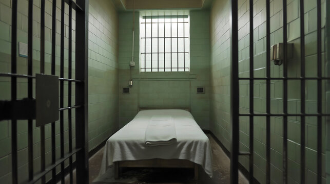 Nobody in empty prison or jail cell interior with bed and window, iron bars. Law and justice punishment for criminal, penitentiary lockup cage, inside detention, dark
