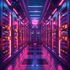 Fototapeta premium A futuristic and vibrant server room illuminated with neon lights. The rows of server racks are glowing with multicolored LED indicators and are surrounded by a high-tech, sci-fi ambiance. The floor a