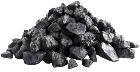 Pile of coal isolated on transparent background. Black charcoal industry mine fossil pieces, natural carbon mineral stone material resource, dark ember