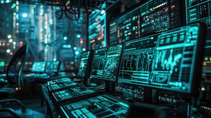 A room filled with many computer monitors used for data analysis or gaming