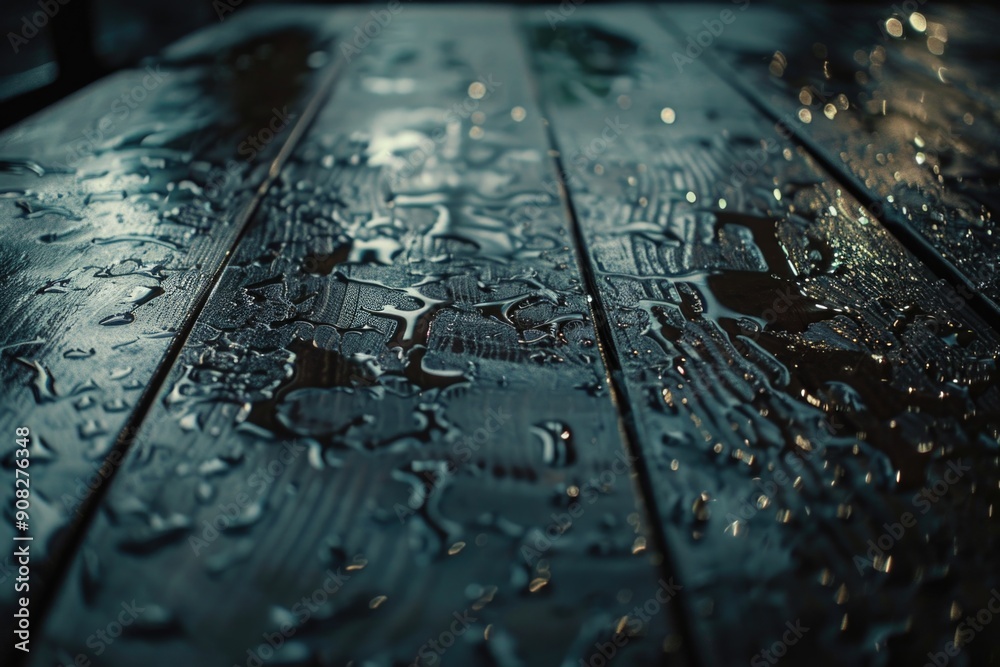 Poster a close-up shot of a wooden table with water droplets on its surface, great for use in still life ph