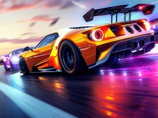 Fast cars racing on a track, capturing the excitement and speed of motorsports, Realism, Bright colors, Digital painting