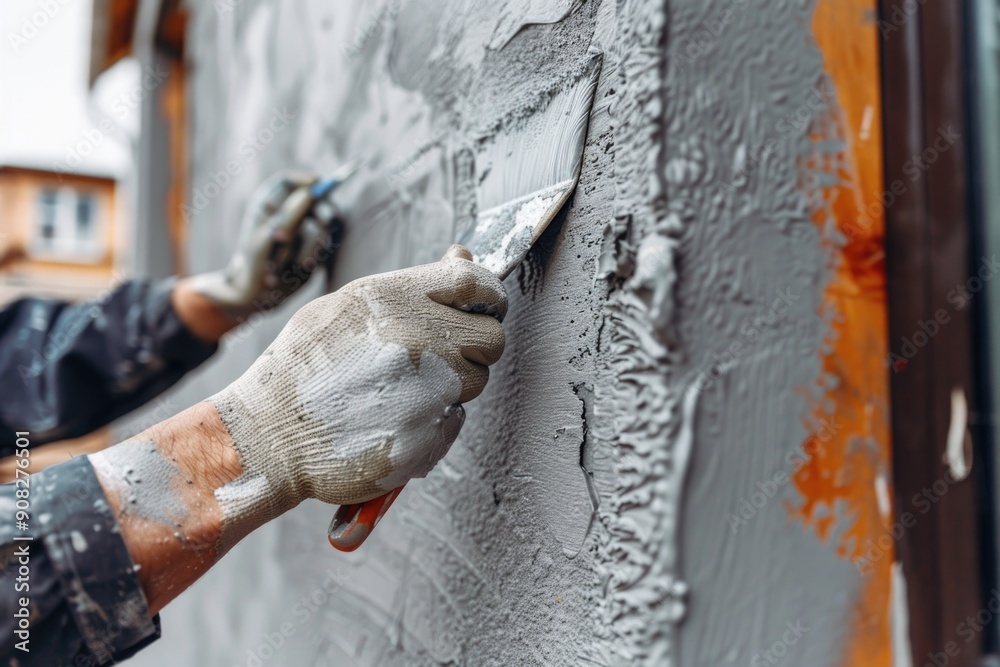 Poster a person applying cement to a wall for renovation or construction purposes, with possible uses in ar