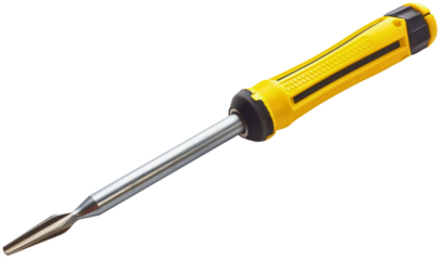 Yellow and black screwdriver isolated on transparent background. Construction repair work tool with handle, metal steel industrial fix equipment object, mechanic maintenance service