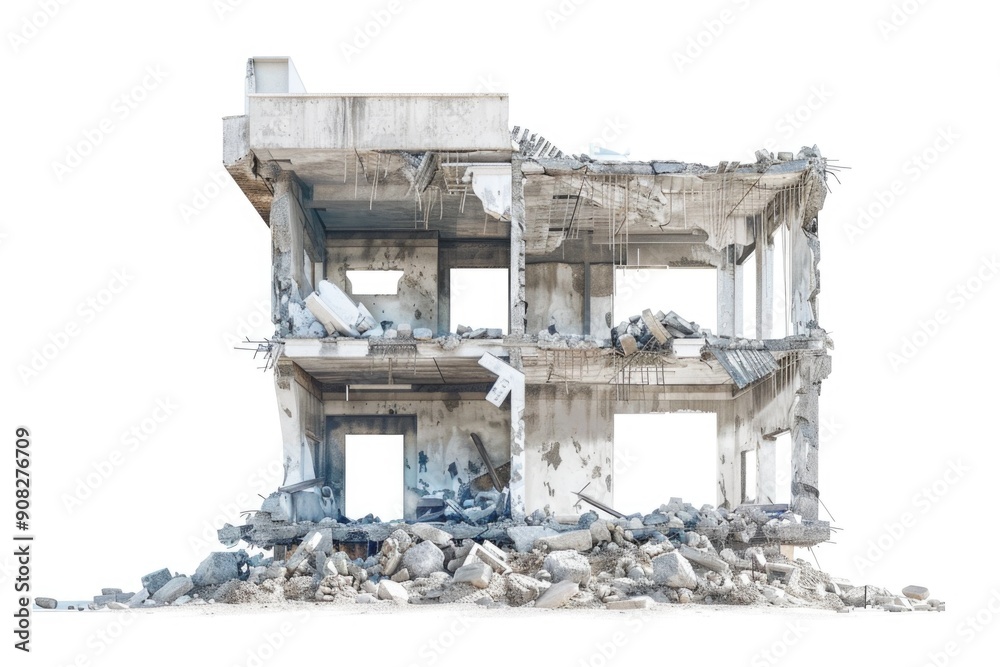 Poster a damaged building with debris and rubble piled high on the rooftop