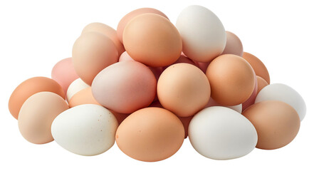 Pile stack heap of white and brown eggs isolated on transparent background. Group of healthy traditional chicken fresh organic protein food, many, meal ingredient, breakfast, diet