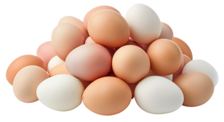 Pile stack heap of white and brown eggs isolated on transparent background. Group of healthy traditional chicken fresh organic protein food, many, meal ingredient, breakfast, diet