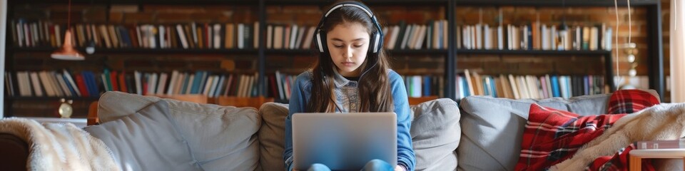 Teenage girl in wireless headphones sitting on sofa with laptop engaging in virtual learning Adolescent using the internet for educational purposes