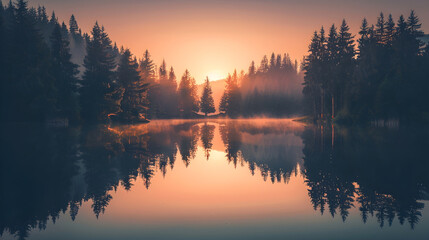 Fototapeta premium Serene Sunrise Over Reflective Lake Surrounded by Forest