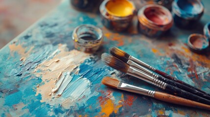 Paintbrushes and Palette with Colorful Paints