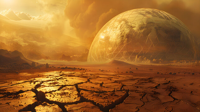A surreal and apocalyptic landscape bathed in golden light, featuring a massive, mysterious dome structure on the horizon. The cracked, parched earth and swirling dust clouds create a dramatic and oth