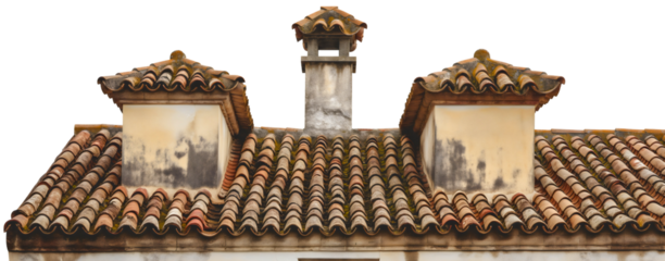 Old vintage weathered roof top tile on house home building isolated. Retro grunge architecture structure, brown orange roofing ceramic structure pattern