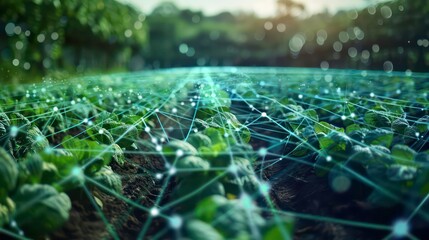 Green plants with digital network overlay, representing modern farming.