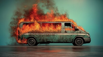 burning van with flames and smoke, isolated on a blue background, 3d rendering