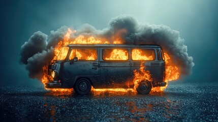 burning van with flames and smoke, isolated on a blue background, 3d rendering