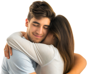Happy smiling young couple hugging isolated. Man and woman husband and wife together in love relationship, embrace family bonding emotion, boyfriend girlfriend romance