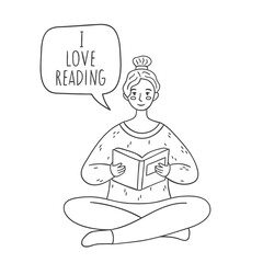 A cute girl is sitting reading a book , a doodle illustration with text