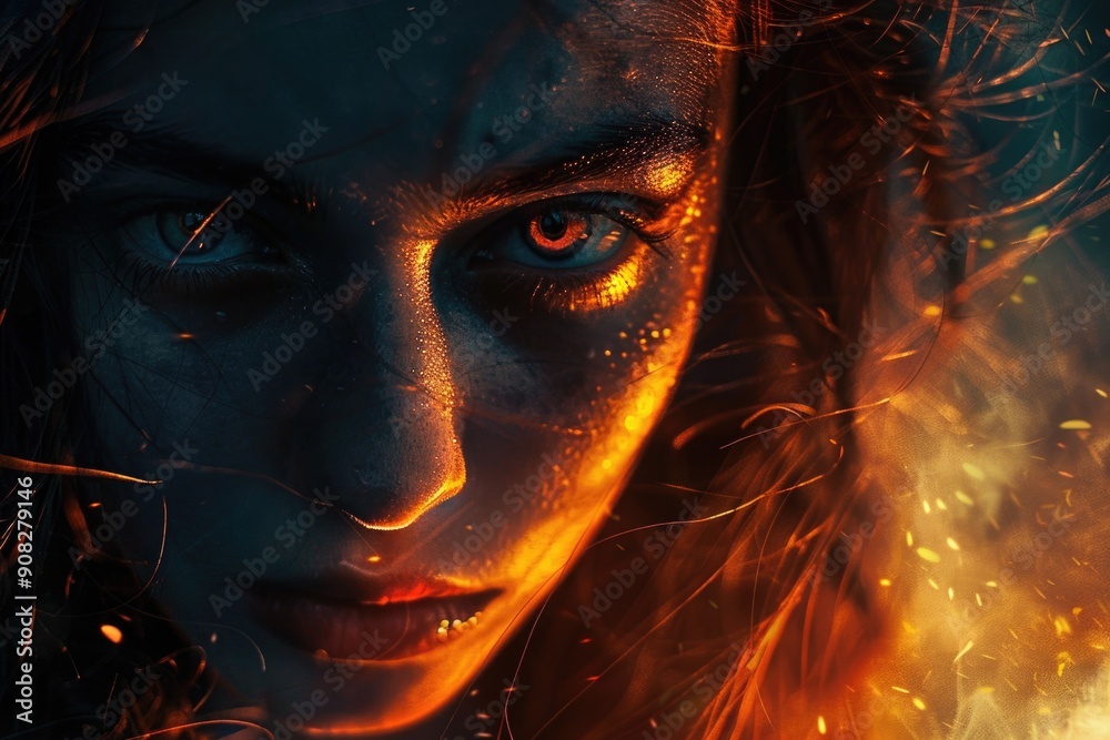 Poster close-up of a woman's face with flames in the background, suitable for use as a dramatic or intense 