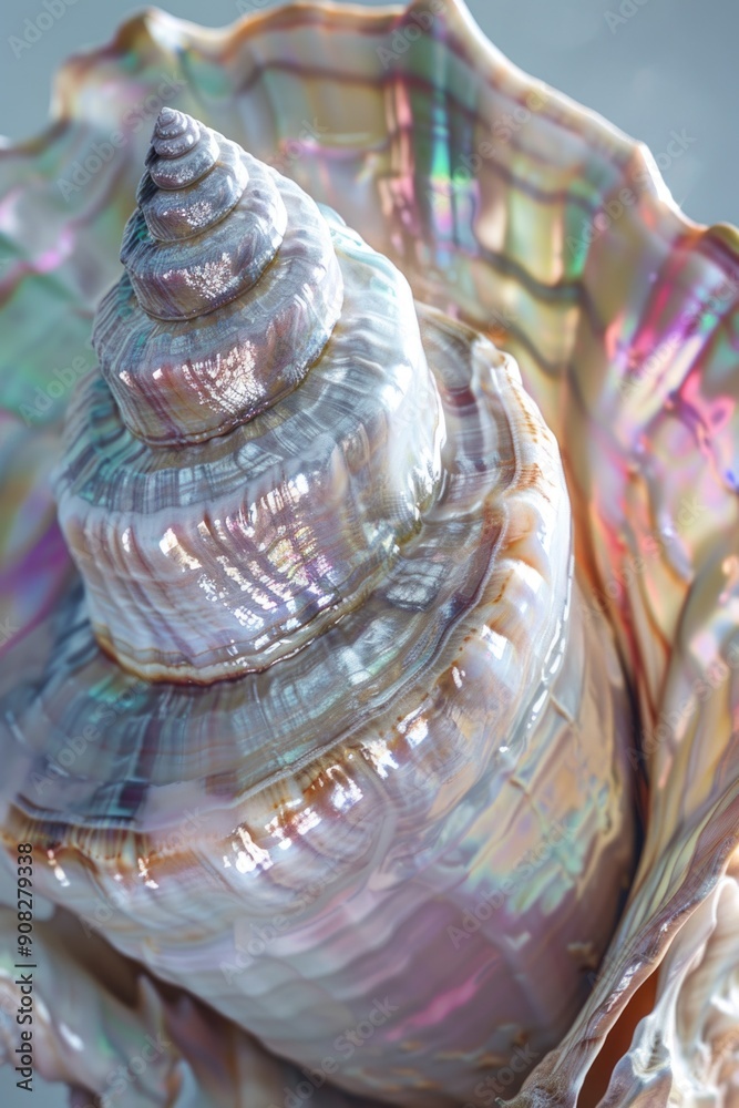 Poster A detailed view of a shell sitting on a flat surface, suitable for use in still life or nature-inspired compositions