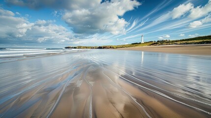 Tranquil scene of the tide going out on a sandy beach, with a white lighthouse reflecting in the water under a cloudy blue sky
