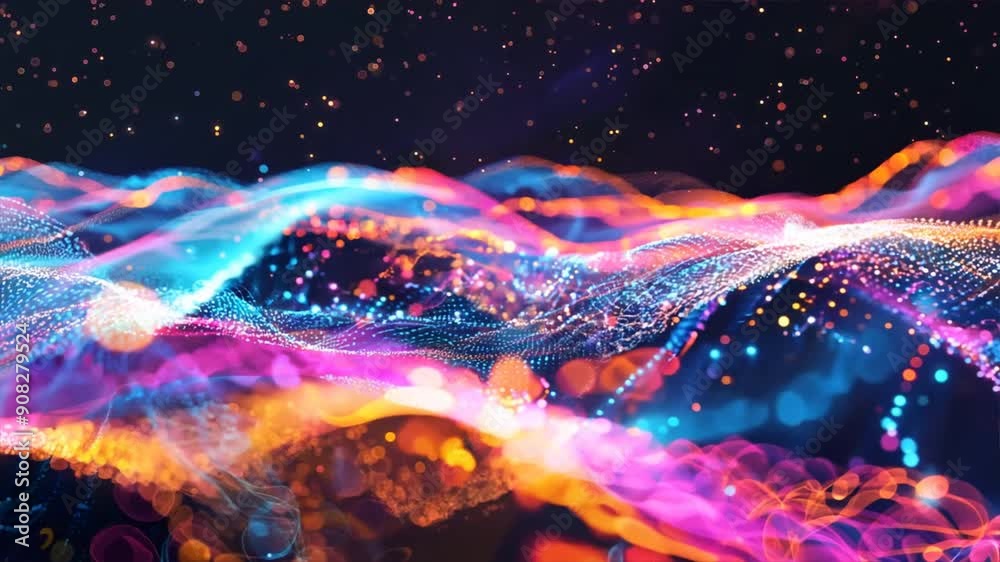 Poster digital wave of colorful data streams flowing through a dark background
