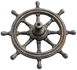 Obraz premium Vintage old retro ship boat rudder steering wheel isolated. Sea ocean water sailor cruise adventure navigate direction equipment, travel transportation control, antique, captain, helm