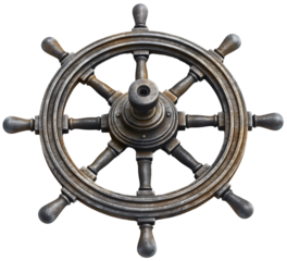 Vintage old retro ship boat rudder steering wheel isolated. Sea ocean water sailor cruise adventure navigate direction equipment, travel transportation control, antique, captain, helm