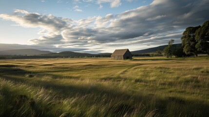 Fototapeta premium Old barn and long grass field bathed in golden light under a cloudy blue sky with rolling hills