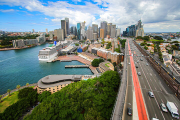 Aerial view of Circular Quay in Sydney, New South Wales, Australia - Both a harbour, public esplanade and transport node, it is located along Sydney Cove in the city's CBD © Alexandre ROSA