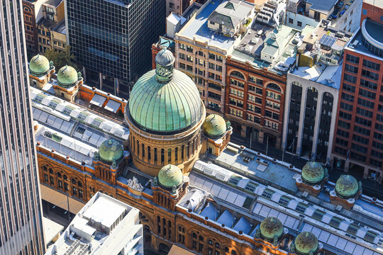Aerial view of the Queen Victoria Building, a 19th century Romanesque Revival style shopping mall located in downtown Sydney, New South Wales, Australia
