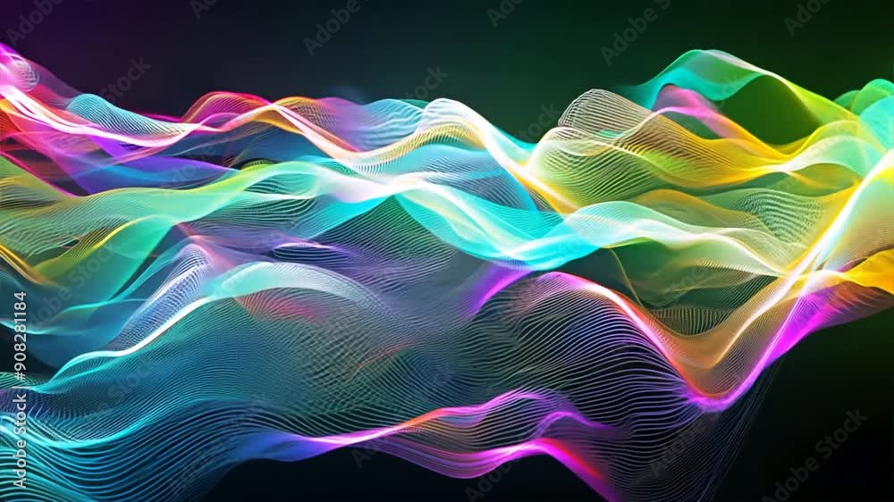 Poster digital wave of colorful data streams flowing through a dark background