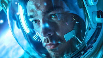Astronaut cosmonaut spaceman face wearing helmet closeup, glass reflection. Astronomy science sci-fi universe cosmos galaxy explorer, fantasy world exploration mission journey in outer space,cinematic