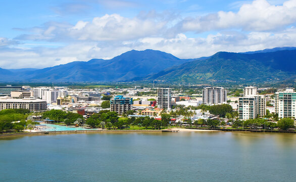 Aerial view of the Cairns waterfront as seen from a helicopter flying above the Coral Sea in northern Queensland, Australia
