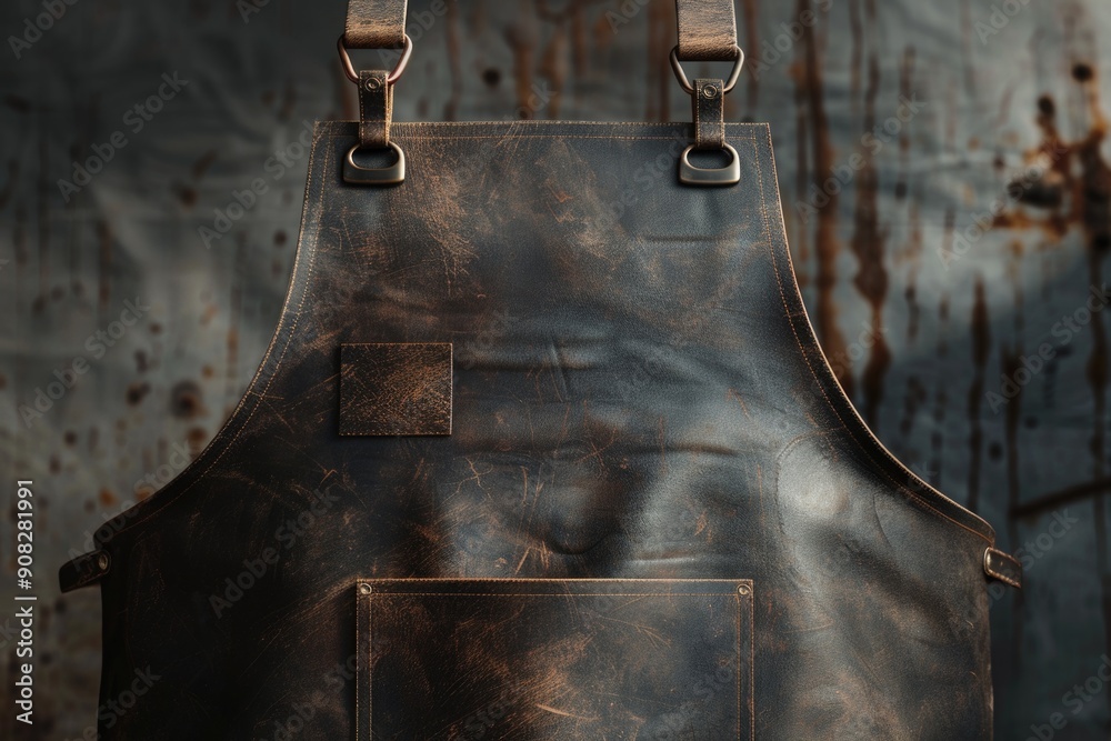 Poster a close-up shot of a leather apron on a table, ideal for use in scenes where craftsmanship and indus