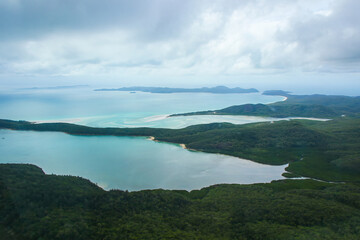 Aerial view of the Hill Inlet sandbank, Whitehaven Beach and  Haslewood Island in the Whitsunday Islands National Park off the coast of Queensland (Australia) in the Pacific Ocean