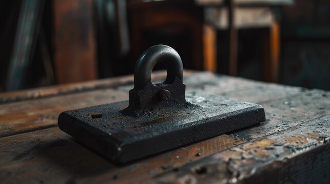 Close-up of a metal pad on a wooden table, ideal for use in industrial or technical contexts