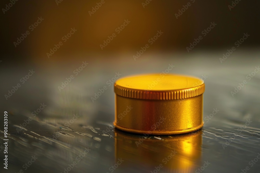 Poster Close-up shot of a metal container on a table with a plain background