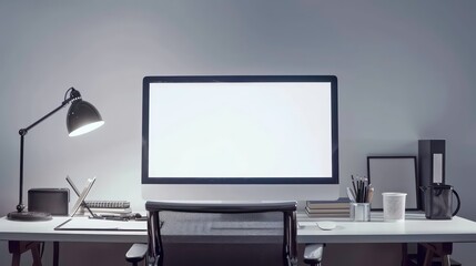 Minimalist workspace with computer, lamp, and office supplies.