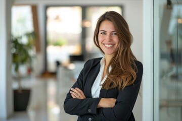 Confident businesswoman smiling in modern office. Professional demeanor and business attire. Ideal for corporate, business, and professional themes. High-quality photo. Generative AI.