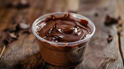 Closeup of dark black or brown chocolate pudding in small plastic container on table. Homemade sweet delicious cocoa food dessert, tasty mousse cream, sugar snack recipe, swirl whipped treat