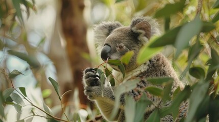 Fototapeta premium Koala sitting in a eucalyptus tree, happily munching on eucalyptus leaves