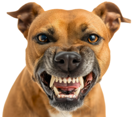 Closeup front view face portrait of aggressive barking dog with open mouth and sharp jaw teeth, isolated. Angry dangerous domestic pet animal, furious guard pitbull attack bite, vicious, fear, scary