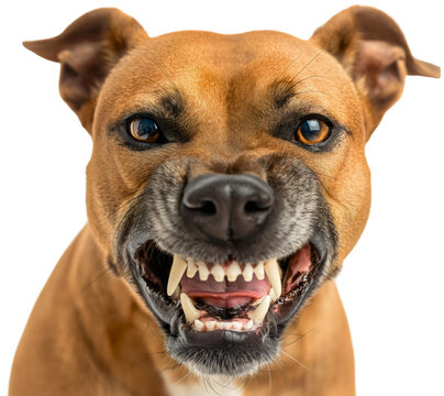 Closeup front view face portrait of aggressive barking dog with open mouth and sharp jaw teeth, isolated. Angry dangerous domestic pet animal, furious guard pitbull attack bite, vicious, fear, scary