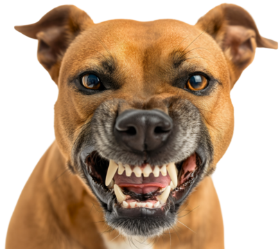 Closeup front view face portrait of aggressive barking dog with open mouth and sharp jaw teeth, isolated. Angry dangerous domestic pet animal, furious guard pitbull attack bite, vicious, fear, scary