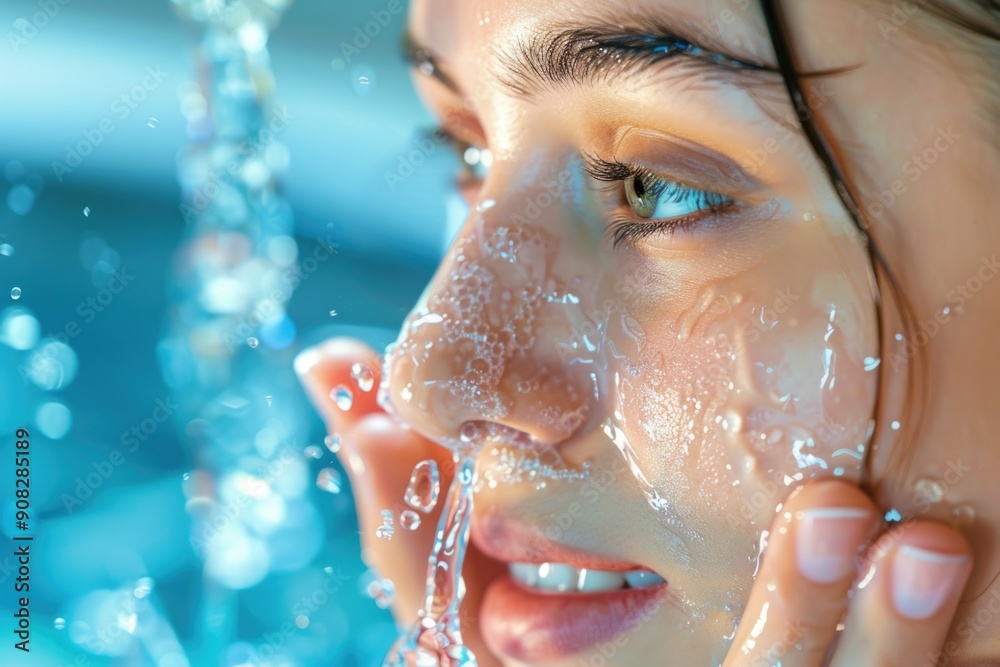 Poster A close-up shot of a person's face with water droplets or splashes on it, often used in scenes of showering, bathing, or underwater activities