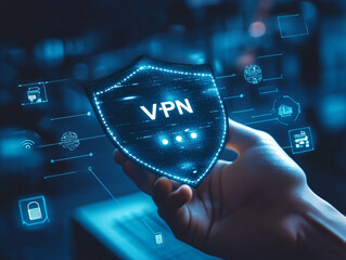 Hand holding a VPN shield on a blue background. Ideal for cybersecurity and privacy concepts.