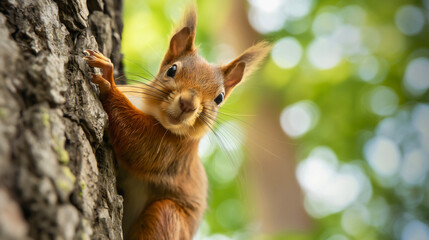 Obraz premium Closeup of cute small little brown squirrel climbing a tree in park or forest nature, copy space. Funny furry rodent animal in woodland wildlife, adorable fluffy mammal, summer fauna